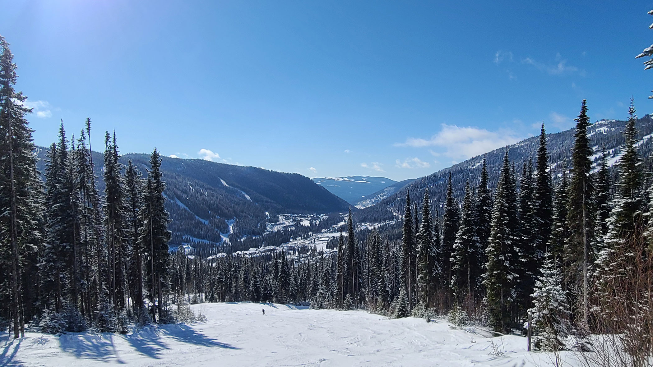 A skier skiing down the piste