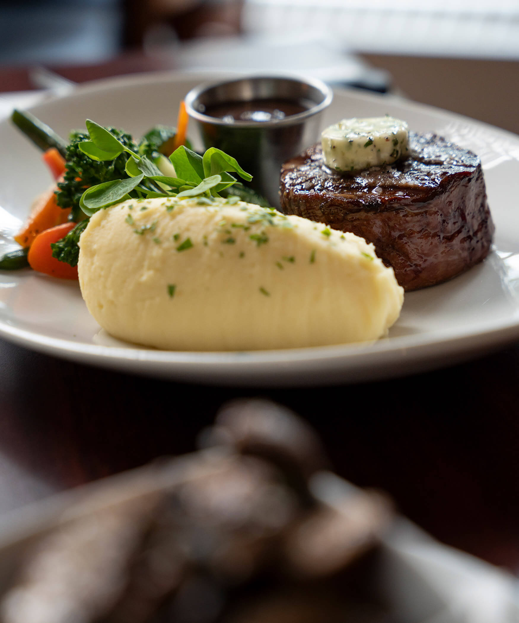 Steak with side dishes in the steakhouse